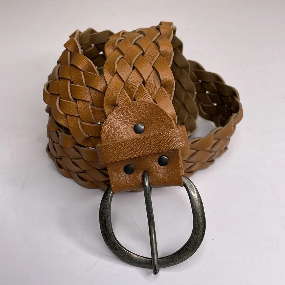 Woven Chunky Belt Brown Vegan Leather Rounded Buckle